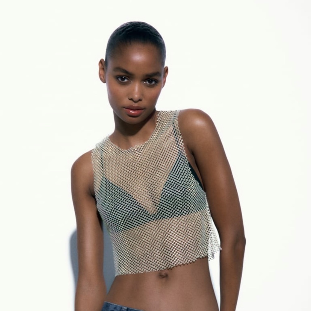 Zara Beige Fishnet Crop Top with Black Bralette